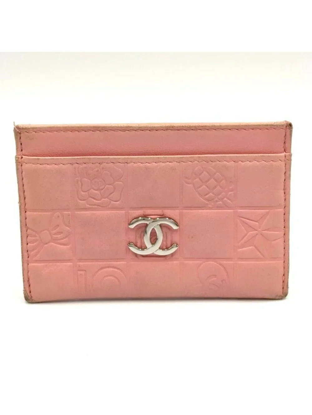Chanel CC Logo Icon Line Leather Light Pink Card Case Silver